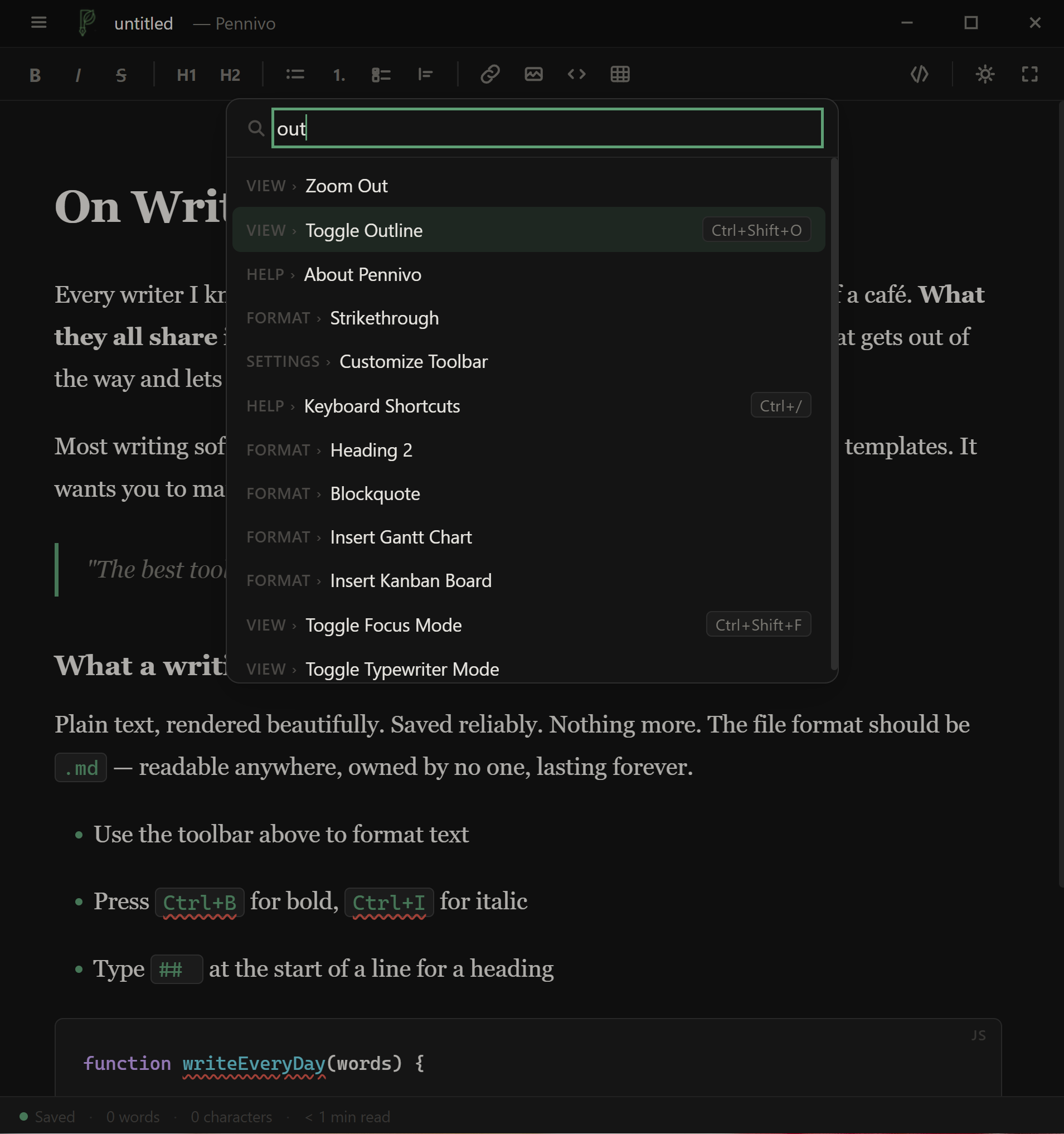 Command palette showing quick access to all actions