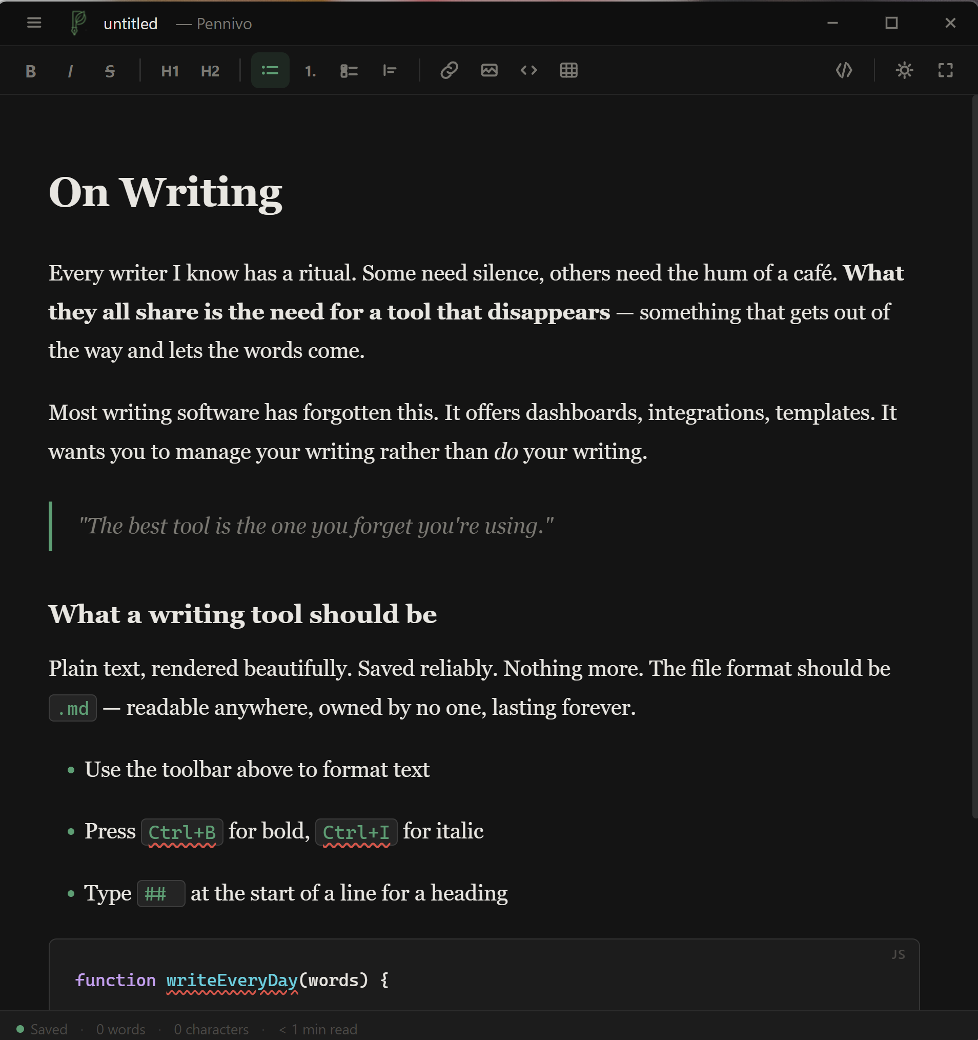 The Pennivo editor in dark theme